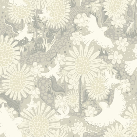 Roubaix Drmma Light Grey Songbirds And Sunflowers 33 Ft L X 209 In W Wallpaper